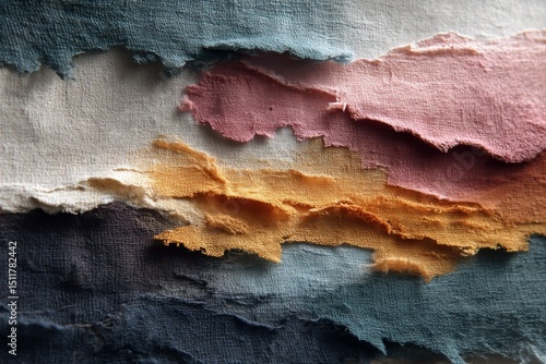 Torn textile pieces displaying layered textures in blue, pink, yellow and beige fabric