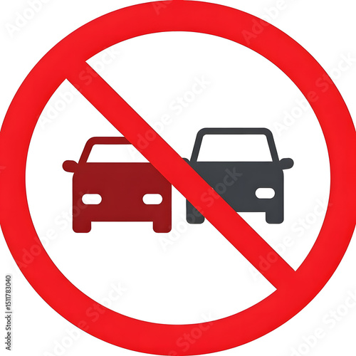 No overtaking icon two cars in red border circle clean vector on white.
