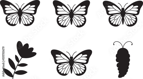 Butterfly and Caterpillar Silhouettes on Black Background Depicting Insect Life Cycle and Natural Transformation