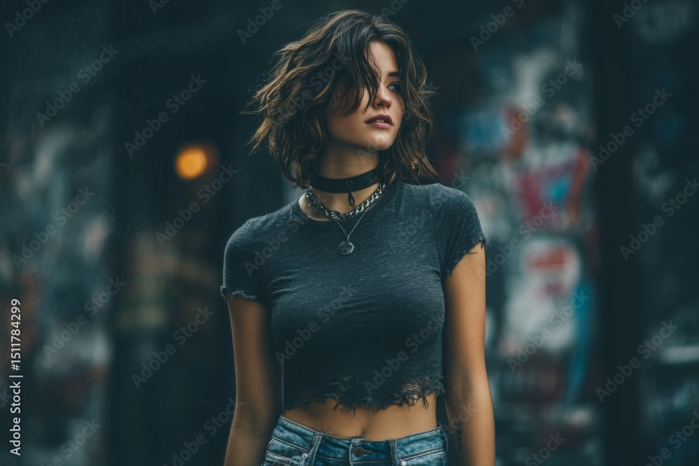 Fototapeta premium Thoughtful Woman with Short Hair in Dark T-Shirt and Jewelry