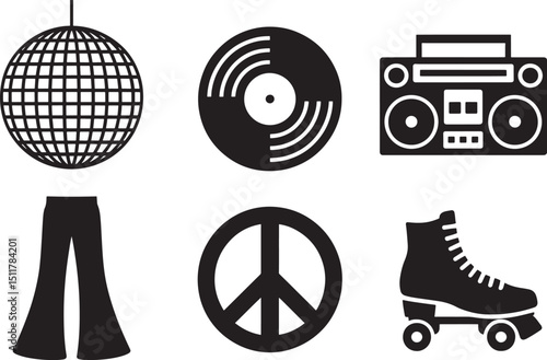 Flat Vector 1970s Icons Set on Black Background Disco Ball Record Player Boombox Bell Bottoms Peace Sign Roller Skate