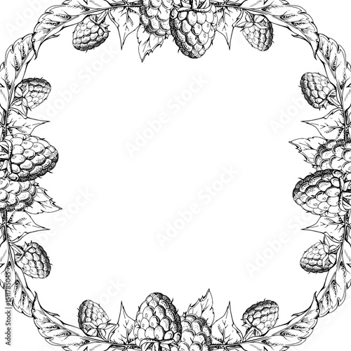 Raspberry ripe garden berries leaves. Dewberry cloudberry mulberry loganberry tayberry boysenberry hand drawn in vector ink. Isolated square border frame illustration. Wedding stationery, florist shop