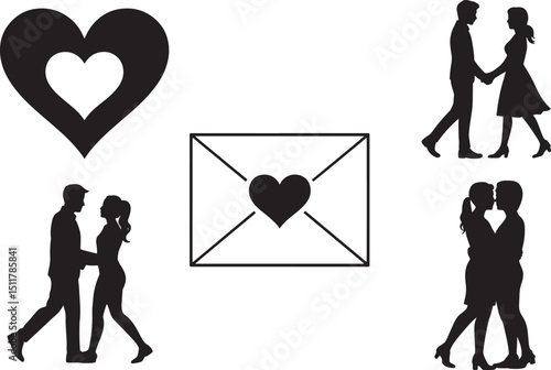 Silhouette Style Romance Icons on Black Background Affectionate Couple Heart Envelope Design Element for Graphic Projects