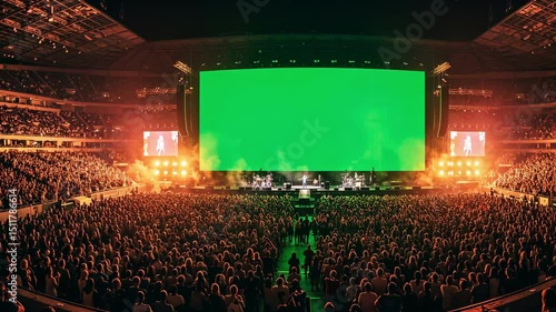 Large crowd at stadium concert with stage lights and green screen.
