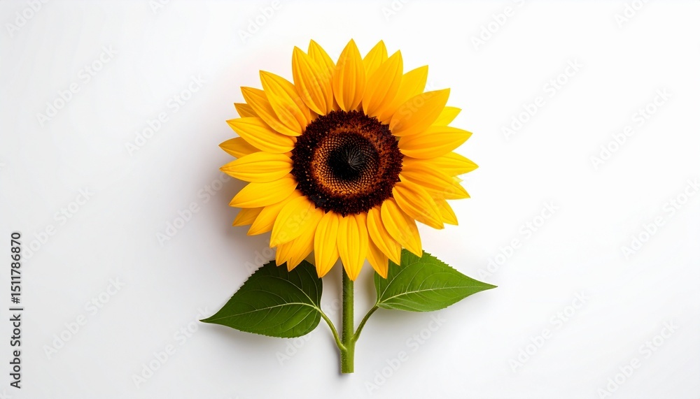Obraz premium Yellow sunflower with green leaves isolated on white background