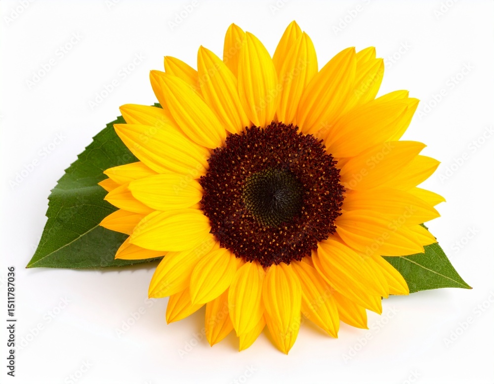 Obraz premium Yellow sunflower with green leaves isolated on white background
