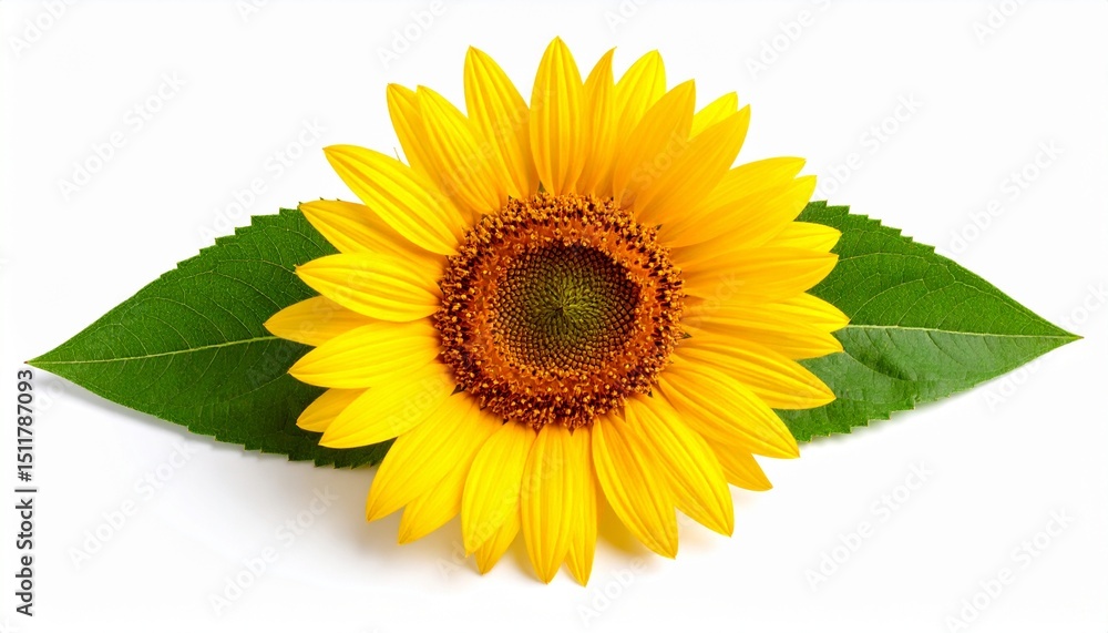 Obraz premium Yellow sunflower with green leaves isolated on white background