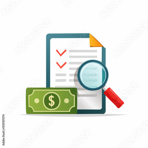 Financial Review: A magnifying glass hovers over a document with checkmarks, a symbol of detailed financial assessment, beside a crisp dollar bill, symbolizing thoroughness and monetary aspects. 