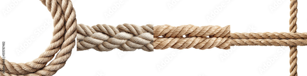 Durable, natural jute ropes in intricate twists and braids, showcasing robust earth tones, perfect for nautical themes, crafts, and rustic decor Durable, natural jute ropes in intricate twists and braids, showcasing robust earth tones, perfect for nautical themes, crafts, and rustic decor