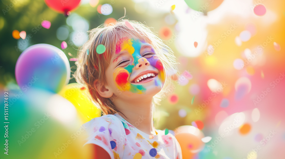 Fototapeta premium Close-up of joyful child with colorful face paint surrounded by rainbow balloons and confetti, celebrating International Children's Day with warm sunlight and playful bokeh background.