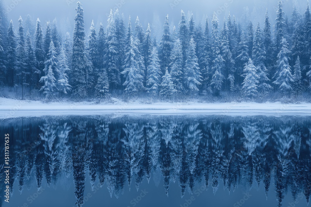 Obraz premium Snow-covered pine forest reflected in a still, frozen lake, creating a serene winter scene.