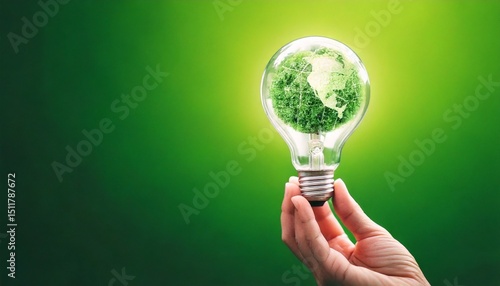 Renewable energy, sustainability, and eco-consciousness are symbolized by a hand gently holding a green Earth growing from a light bulb, representing hope, innovation, and harmony on a vivid green bac