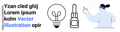 Lightbulb and dropper bottle next to a person pointing, symbolizing ideas, innovation, healthcare, education, vision, marketing, and collaboration. Ideal for a simple landing page