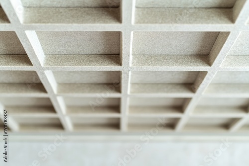 Overlapping acoustic panels create textured ceiling design in modern room Generative AI