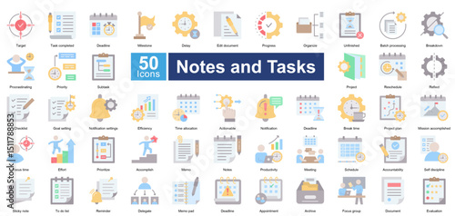 Notes and Tasks icon set in flat style, featuring 50 icons on task management, scheduling, productivity, and organization. Perfect for planners, workflow management, and reminders.