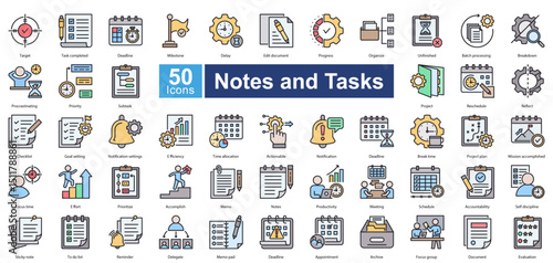 Flat Line Style Notes and Tasks icon set in lineal color style, featuring 50 icons on task management, productivity, and organization. Perfect for planners, workflow management, and reminders.