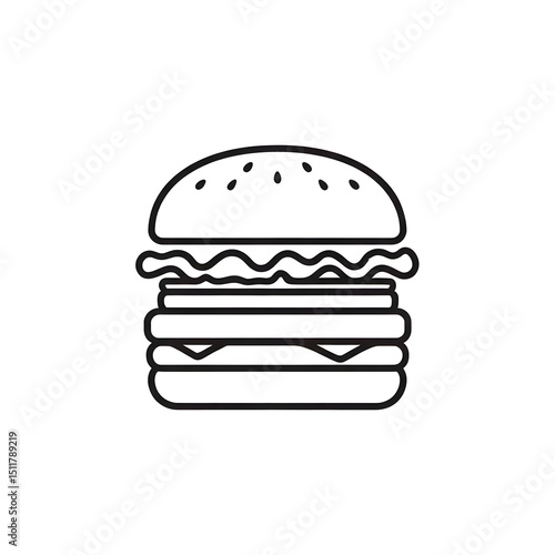 Outline burger logo with bun, lettuce, and patty layers in thin black lines white background.