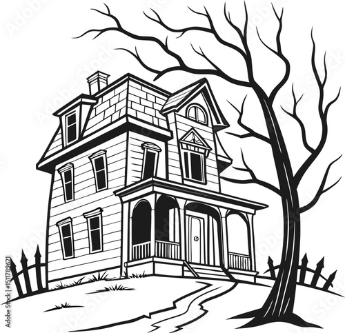 Here's one sentence describing the image:

A black silhouette vector sketch of an old house with a roof and window, an architectural drawing icon for city and town building design