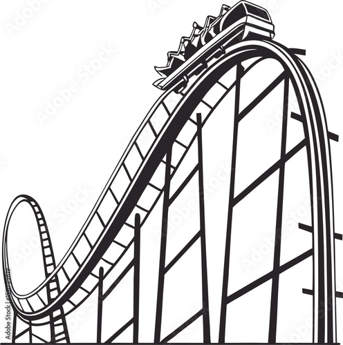 Abstract helix rollercoaster track over a blue sky bridge for amusement park fun and excitement