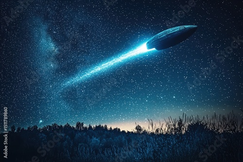Fototapeta Naklejka Na Ścianę i Meble -  An alien spaceship flying through a starry sky with a comet trailing behind it