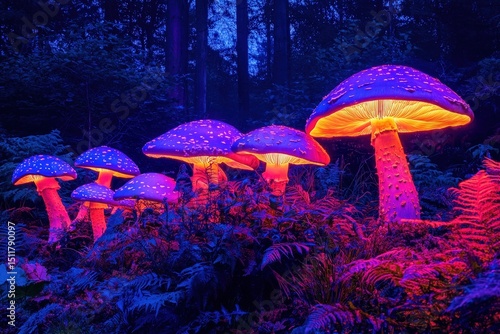 A surreal alien landscape with giant glowing mushrooms and strange bioluminescent plants
