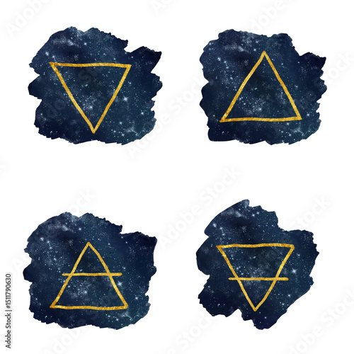 Magical symbols of the elements, triangles on background of the starry sky. Watercolor illustration. The symbols of primary elements are isolated on a white background. Astrological signs, esoterica