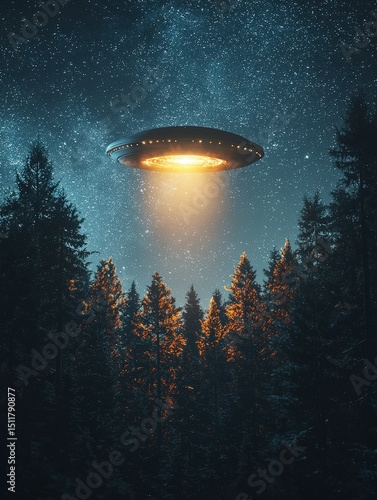 An unidentified flying object hovers above a dense cedar forest glowing in the dark