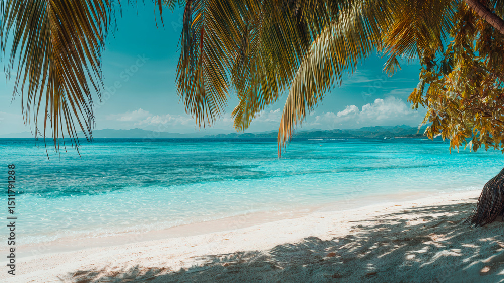 Naklejka premium Tropical Paradise Beach with Palm Trees and Turquoise Ocean Water Under Sunny Blue Sky – Exotic Vacation Scene