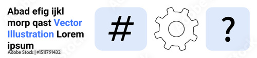 Number sign, gear, and question mark icons in separate boxes for technology, settings, and decision-making. Ideal for digital tools, problem-solving, innovation, web interfaces analytics user