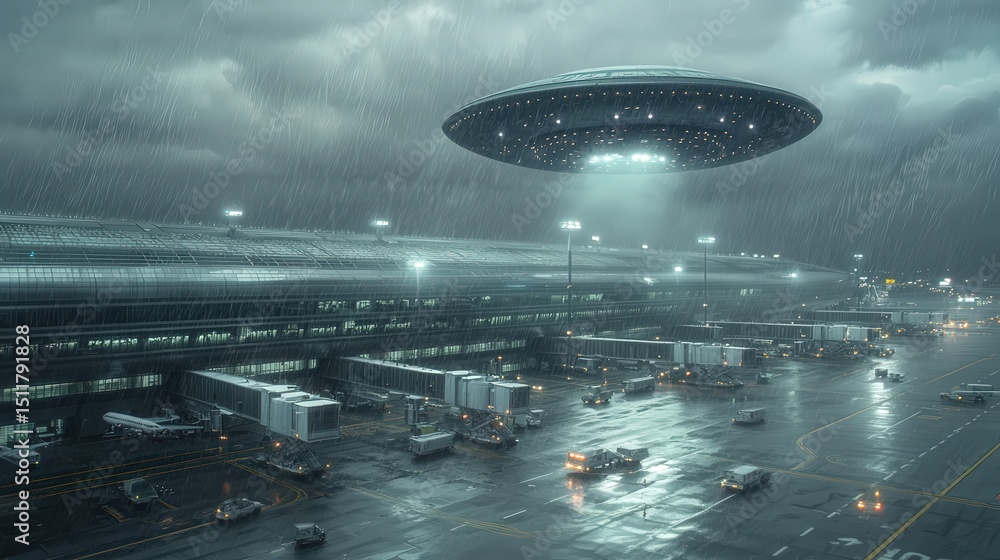 A UFO suddenly appears above a busy airport disrupting all flight schedules A UFO suddenly appears above a busy airport disrupting all flight schedules