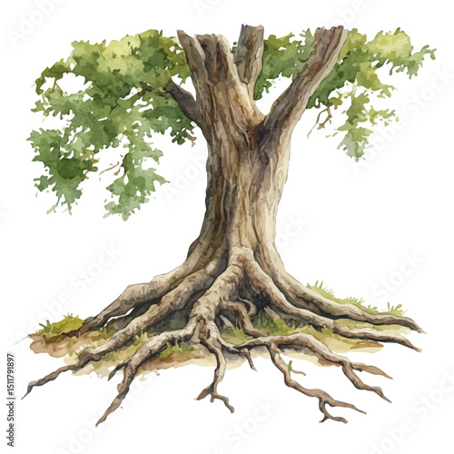 Tree Roots, watercolor painting vector, high quality, isolated on a white background.