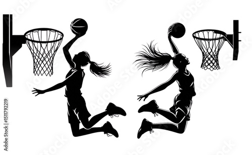 Dynamic female basketball players silhouette design perfect for sports team logos, apparel prints, or website banners showcasing athletic action and powerful female representation.