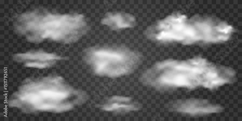 Realistic set of translucent clouds, smoke background