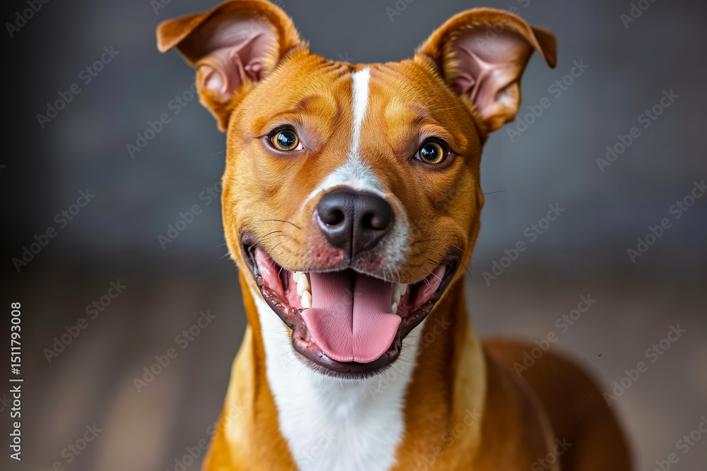 A brown and white dog with its mouth open and tongue out A brown and white dog with its mouth open and tongue out