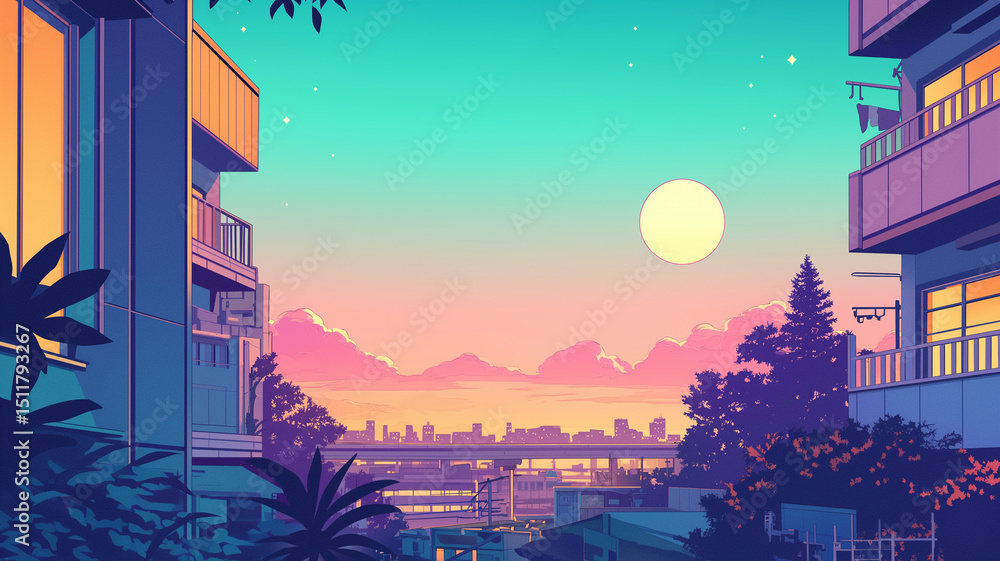 Obraz premium 夜空に輝く三日月と星々が美しく広がる、1980年代レトロポップな雰囲気漂う高層ビル群と都市の街並みを描いた幻想的でロマンチックなシティスケープイラスト