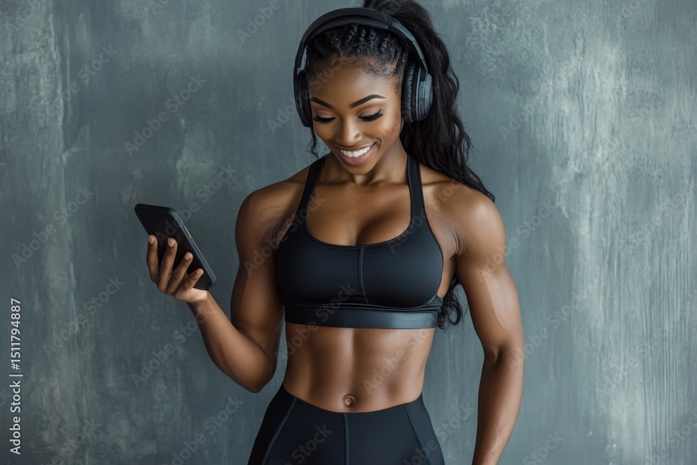Obraz premium Smiling muscular african american young woman with headphones looking at smartphone on gray wall background,free space