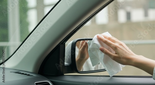 Woman cleaning side mirror of car with cloth indoors  