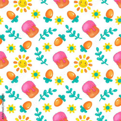 Seamless Easter pattern with kulich, carrot, sun and flowers. In hand drawn style, on a white background. Happy Easter
