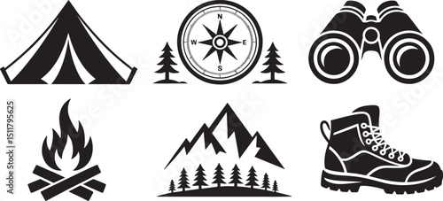 Monochrome Camping Icons Set Tent Compass Binoculars Bonfire Mountain Boot Outdoor Adventure Gear Vector Illustration