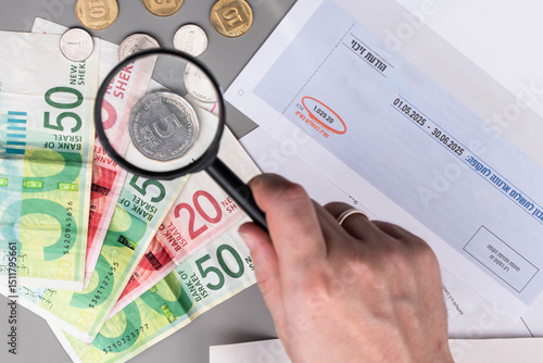 Bild auf Leinwand Israel currency New Israeli shekel (NIS) banknotes and agorot coins, with bills for electricity, water, and taxes, concept of inflation, economic crisis, rising prices, and financial management