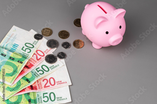 Foto Israel currency New Israeli shekel (NIS) banknotes and agorot coins and a piggy bank, concept of saving money, inflation, economic crisis, rising prices, and financial management