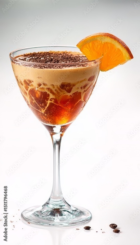 Elegant Espresso Martini Cocktail in Martini Glass Garnished with Orange Slice on White Background Elegant Espresso Martini Cocktail in Martini Glass Garnished with Orange Slice on White Background