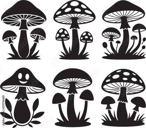Silhouette Illustration of Mushroom Groupings on Black Background Vector Art for Nature Designs and Botanical Projects