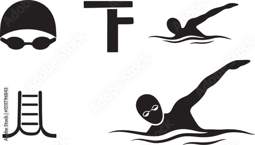 Silhouette Illustration Swimming Pool Elements Collection Black Background Vector EPS Swimming Cap Goggles Diving Board Ladder Swimmer
