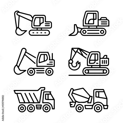 High Quality Construction Vehicle Line Icon Set
