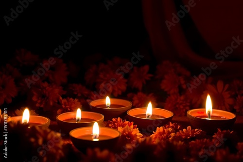 Tibetan prayer flags with bells and yak butter lamp diyas