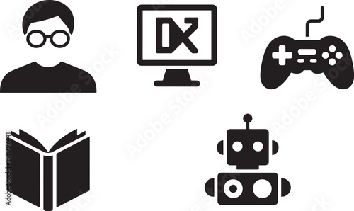 Simple Vector Icons of a Nerd, Computer, Game Controller, Book, and Robot on a Solid Background for Technology Designs
