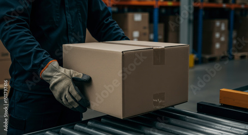 Warehouse Worker Moving Cardboard Box on Conveyer Belt