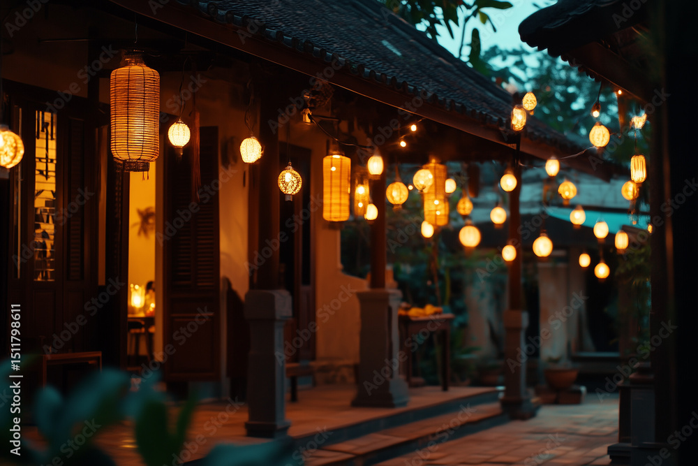 Obraz premium Lanterns and lights decorating a traditional house at night during festive season, cinematic.