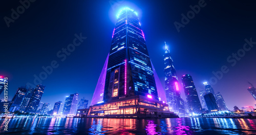 Night Metropolis Vibrant Cityscape, Illuminated Towers, and Neon Lights Reflecting on Water